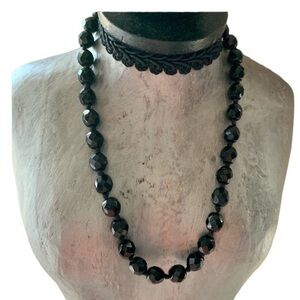 Vintage Black Glass Facetted Beaded Coker Collar Necklace Women’s Jewelry